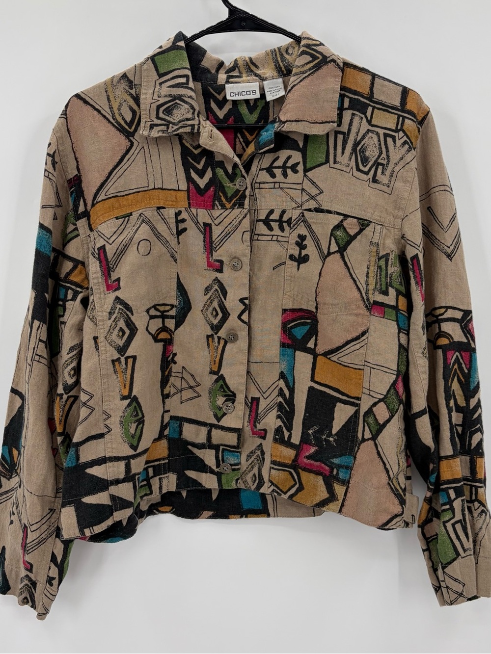 100 Linen Chicos Beige Abstract Geometric Love Button Down Shirt Jacket 90s Crop